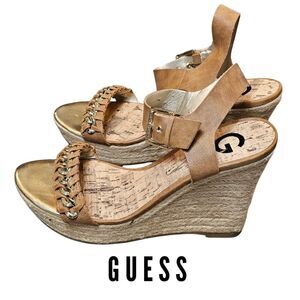 GUESS Gelliot Camel Gold Cork Platfrom Espadrilles Rope Chain Detail 7.5 M